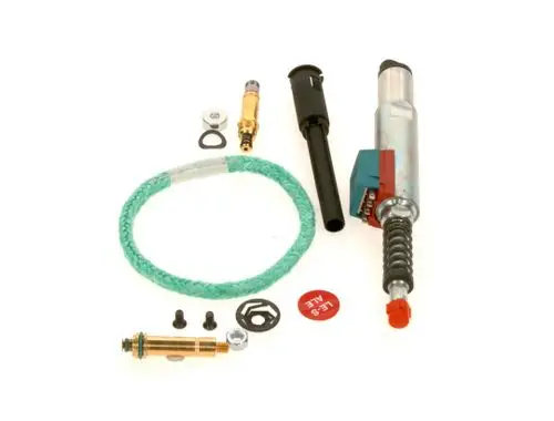 Bosch Ölabschlusssystem-Set mit verschiedenen Komponenten, darunter eine Pumpe, Dichtungen, Rohre und Schrauben. Teil eines Automobilservicekits.